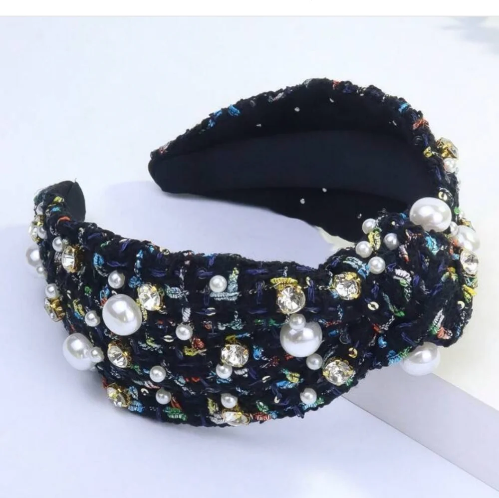 Tweed Rhinestone Black Pearl Embellished Headband